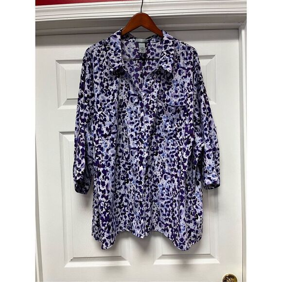 Catherine’s Purple Abstract Print 3/4 Sleeve Button  Down Tunic Blouse Top sz 4X - Picture 1 of 9